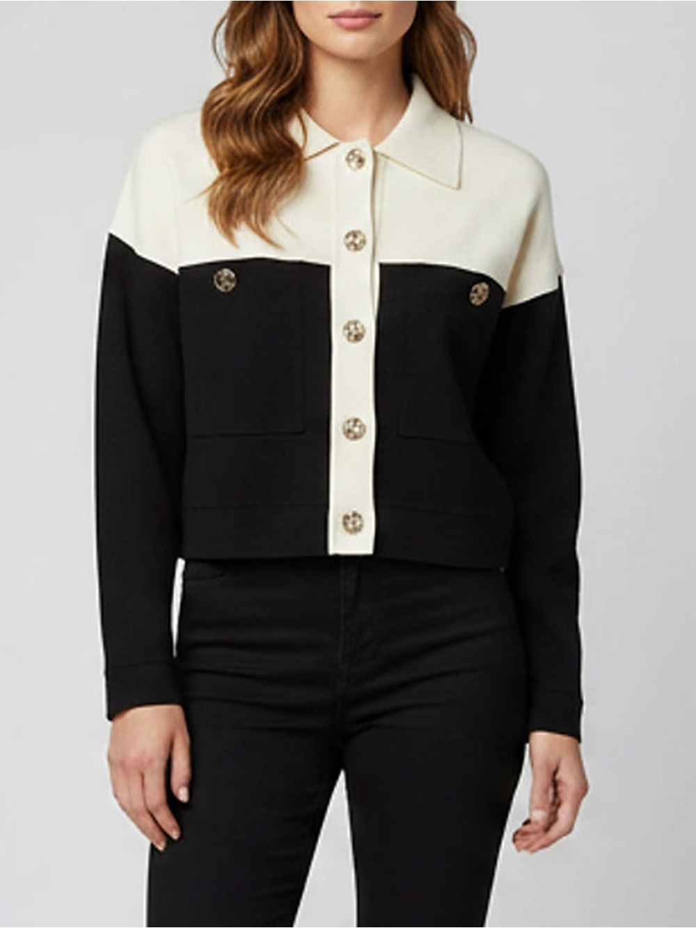 Sandro Black and Cream Colorblock Cropped Blazer cardigan
